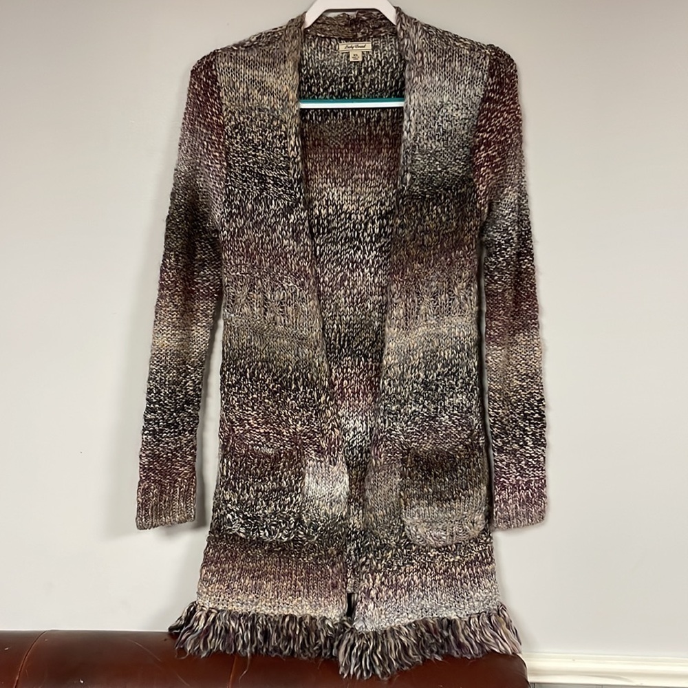 Lucky brand fringe multi-colored , extra long cardigan sweater, XS, BoHo look